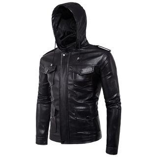 Faux Leather Pocket Hooded Biker Jacket