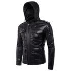 Faux Leather Pocket Hooded Biker Jacket