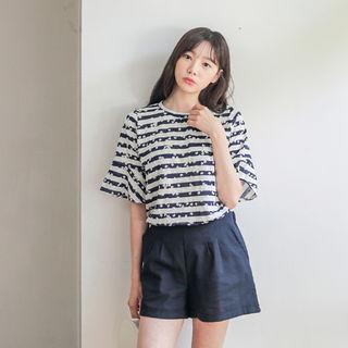 Ruffle-sleeve Floral Stripe Top