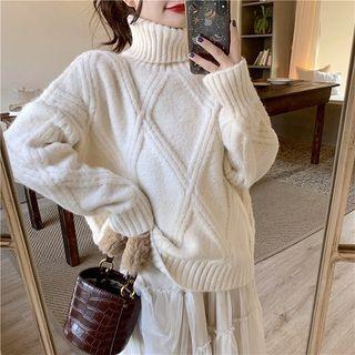 Turtle-neck Argyle Long-sleeve Cable-knit Sweater
