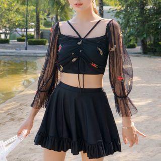 Set: Long-sleeve Floral Embroidered Swim Top + Skirt