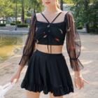 Set: Long-sleeve Floral Embroidered Swim Top + Skirt