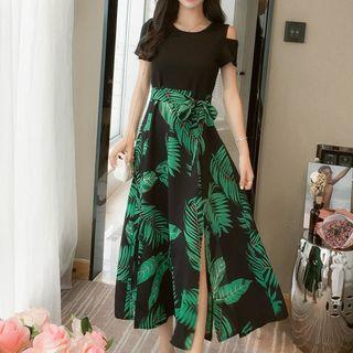 Cut Out Shoulder Short Sleeve Printed Midi Dress