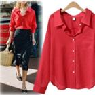 Single-breasted Long-sleeved Open-front Loose-fit V-neck Plain Slim Blouse