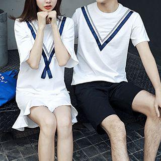 Couple Matching Ribbon Trim Short-sleeve T-shirt / Ribbon Trim Elbow-sleeve T-shirt Dress