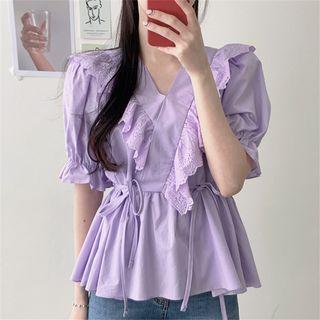 Short-sleeve Ruffle Trim Tie-waist Plain Blouse