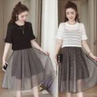 Set : Short-sleeve T-shirt + Midi Mesh Skirt