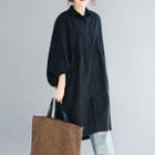 Drawstring 3/4-sleeve Shirt Dress Black - One Size