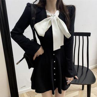 Long-sleeve Two Tone Ribbon Buttoned Mini Dress