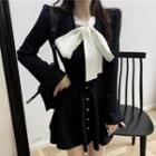 Long-sleeve Two Tone Ribbon Buttoned Mini Dress