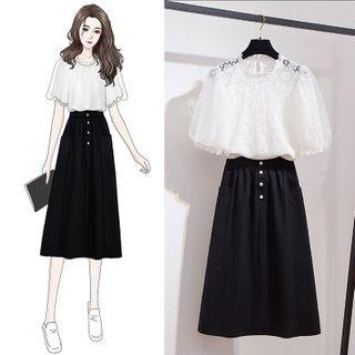 Lace Elbow-sleeve Top / Midi A-line Skirt / Set
