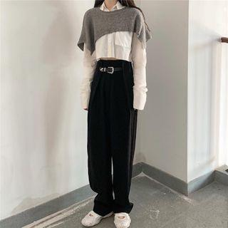 Wide-leg Dress Pants / Cropped Shirt / Knit Shawl