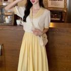 Short-sleeve Dotted Blouse / Midi Accordion Pleat Skirt