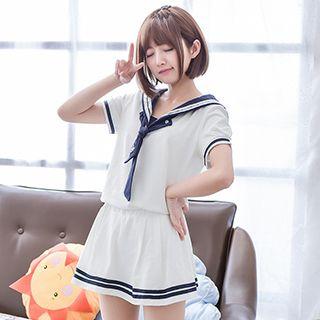 Set: Short-sleeve Sailor Collar Top + Skirt