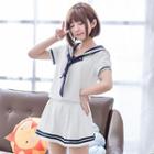 Set: Short-sleeve Sailor Collar Top + Skirt