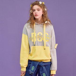 Kangaroo-pocket Printed Contrast-panel Hoodie Gray - One Size