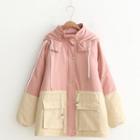 Color Block Buttoned Hooded Coat