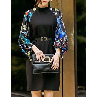Mock-neck Pattern-sleeve Dress With Belt