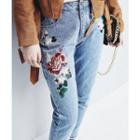 Flower-embroidered Slim-fit Jeans
