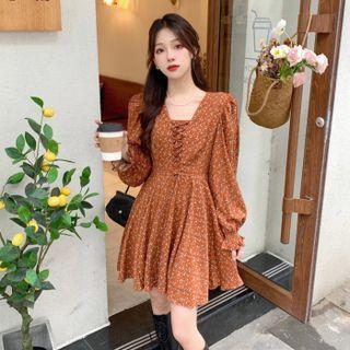 Puff-sleeve Lace-up Floral Print Mini Dress