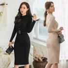 Long-sleeve Buttoned Knit Bodycon Dress