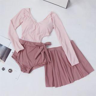 Set: Long-sleeve Cut-out Swimsuit + Swim Skirt