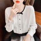 Long-sleeve Bow-accent Pleated Blouse