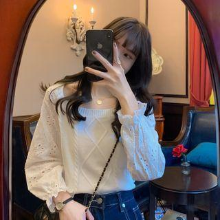 Long Puff Sleeve Perforated Boatneck Plain Knit Top