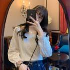 Long Puff Sleeve Perforated Boatneck Plain Knit Top