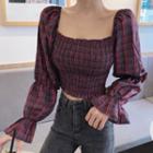 Plaid Bell-sleeve Cropped Blouse Plaid - Red & Dark Gray - One Size