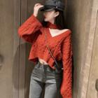 Choker Cropped Cable Knit Sweater Red - One Size