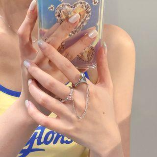 Chained Rhinestone Alloy Open Double Ring Silver - One Size