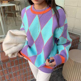 Contrast-trim Argyle Long-sleeve Sweater