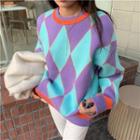 Contrast-trim Argyle Long-sleeve Sweater