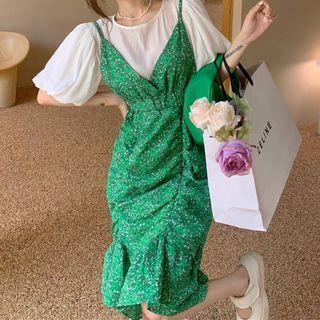 Puff-sleeve Blouse / Sleeveless Ruched Floral Dress