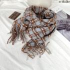 Plaid Fringed Shawl Airy Blue & Brown - One Size