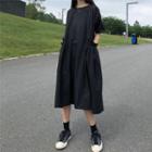Short-sleeve Dual Pocket A-line Midi Dress Black - One Size