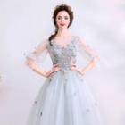 Elbow-sleeve Embroidered Flower Ball Gown