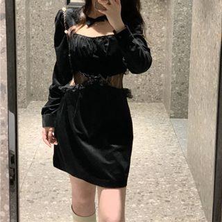 Long-sleeve Velvet Panel Lace A-line Dress Black - One Size
