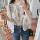 Bell-sleeve Cold-shoulder Floral Chiffon Blouse