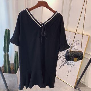 Ruffle-trim V-neck Dress Black - One Size