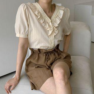 V-neck Lace-trim Frilled Blouse