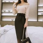 3/4-sleeve Two-tone Midi Sheath Dress