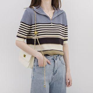 Short-sleeve Half-zip Striped Knit Top