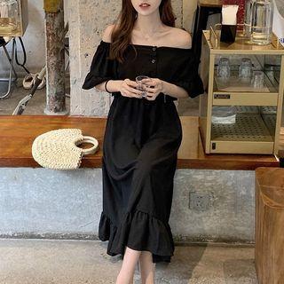 Off-shoulder Buttoned Midi A-line Dress