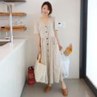 Short Sleeve V-neck Button-up Midi A-line Dress