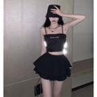 Letter Embroidered Bow Back Cropped Camisole Top / Ruffle Skort
