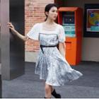 Puff-sleeve Asymmetrical Snakeskin Print A-line Dress