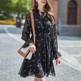 Long-sleeve Print Chiffon A-line Dress