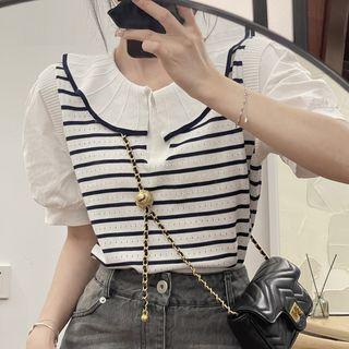 Polo-neck Mock Two-piece Panel Striped Top White - One Size